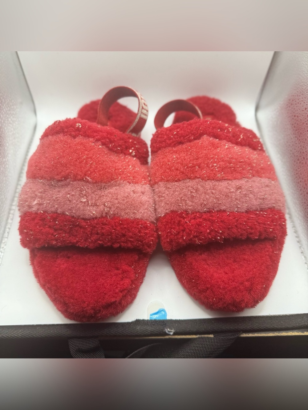 UGG Girls Red and Pink Fuzzy Metallic Gold accents Slide Slippers - Picture 2 of 5